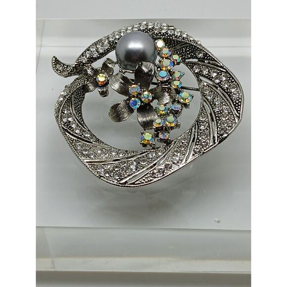 Gorgeous Vintage Estate Silver Grey Pearl Rhinestone Crystal AB Brooch - Picture 5 of 13